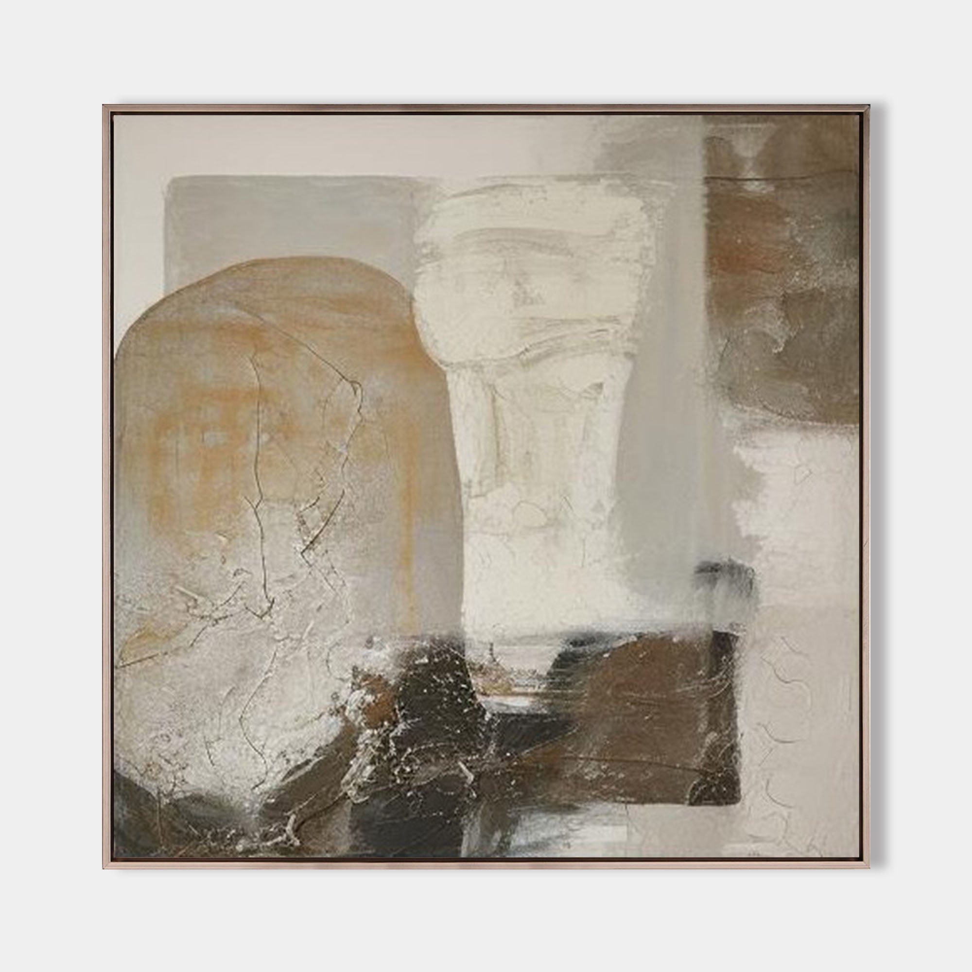Original hand painted amber ivory dark brown abstract oil painting canvas wall art, organic shapes nordic scandinavian elegant luxury m