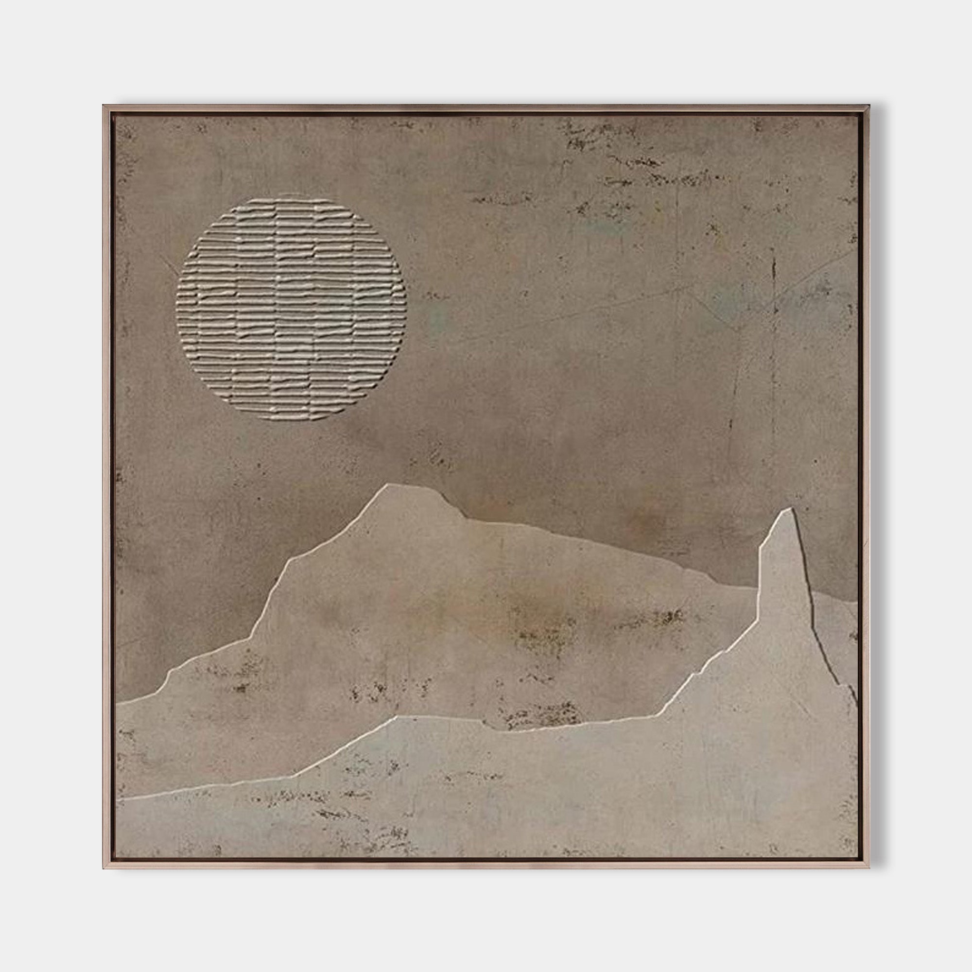 Original hand painted taupe abstract desert mountain moon oil painting canvas wall art, nordic scandinavian minimalist elegant luxury m