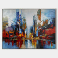 Original hand painted abstract city skyline oil painting canvas, crimson cobalt gold reflections, modern elegant luxury wall art home d