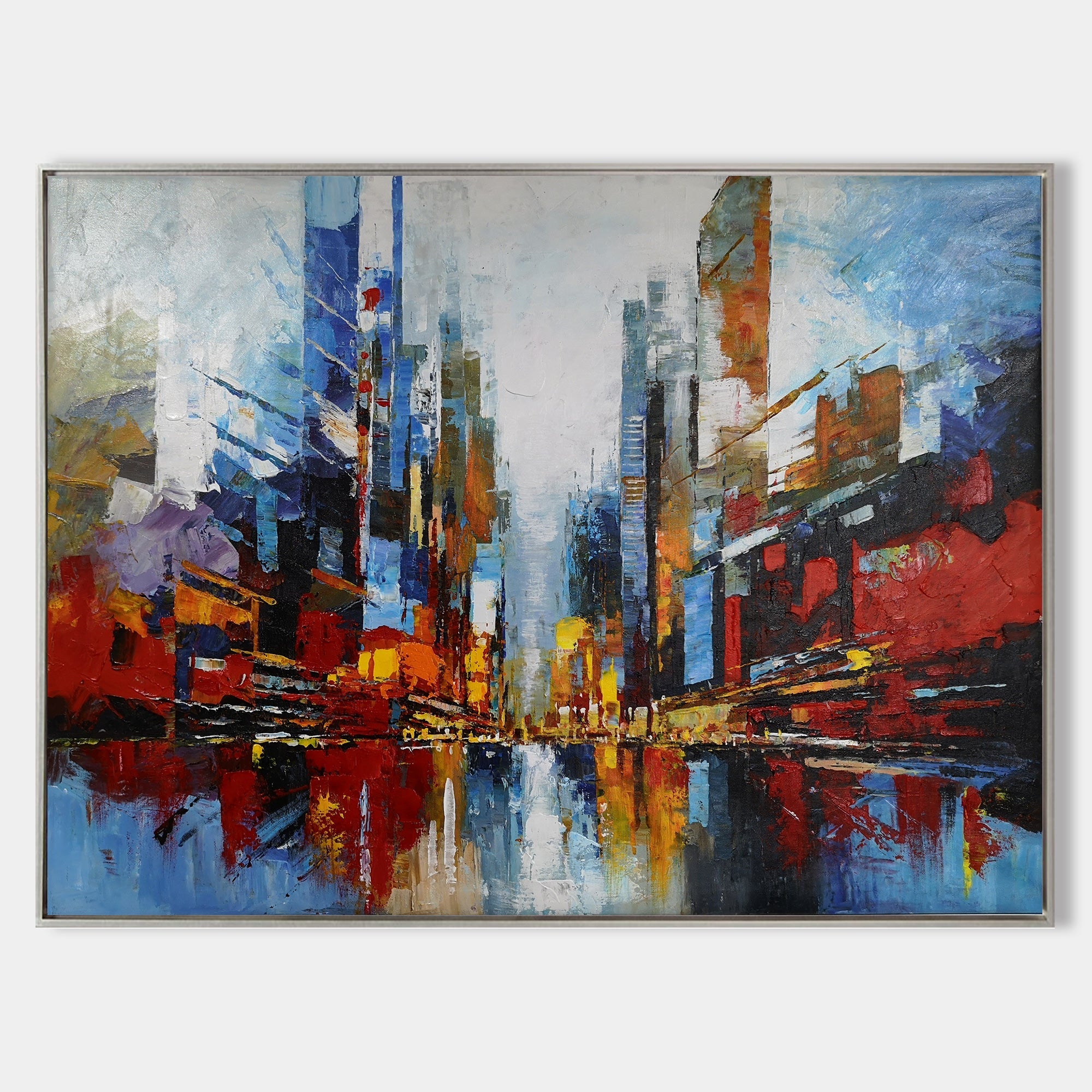 Original hand painted abstract city skyline oil painting canvas, crimson cobalt gold reflections, modern elegant luxury wall art home d