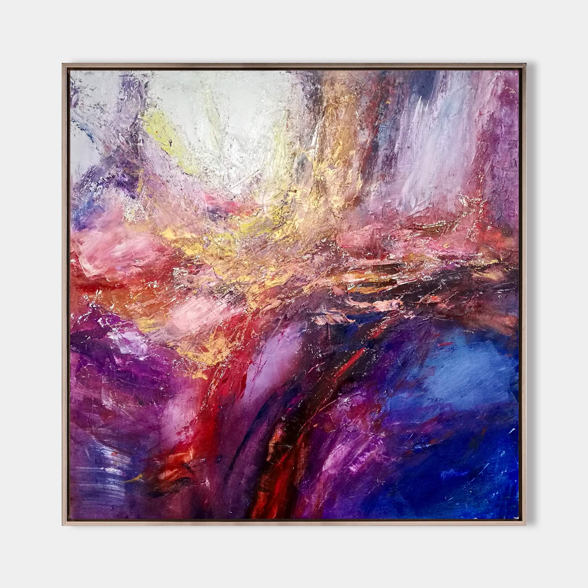 Original hand painted crimson violet gold abstract oil painting canvas wall art, modern elegant luxury living room interior design home