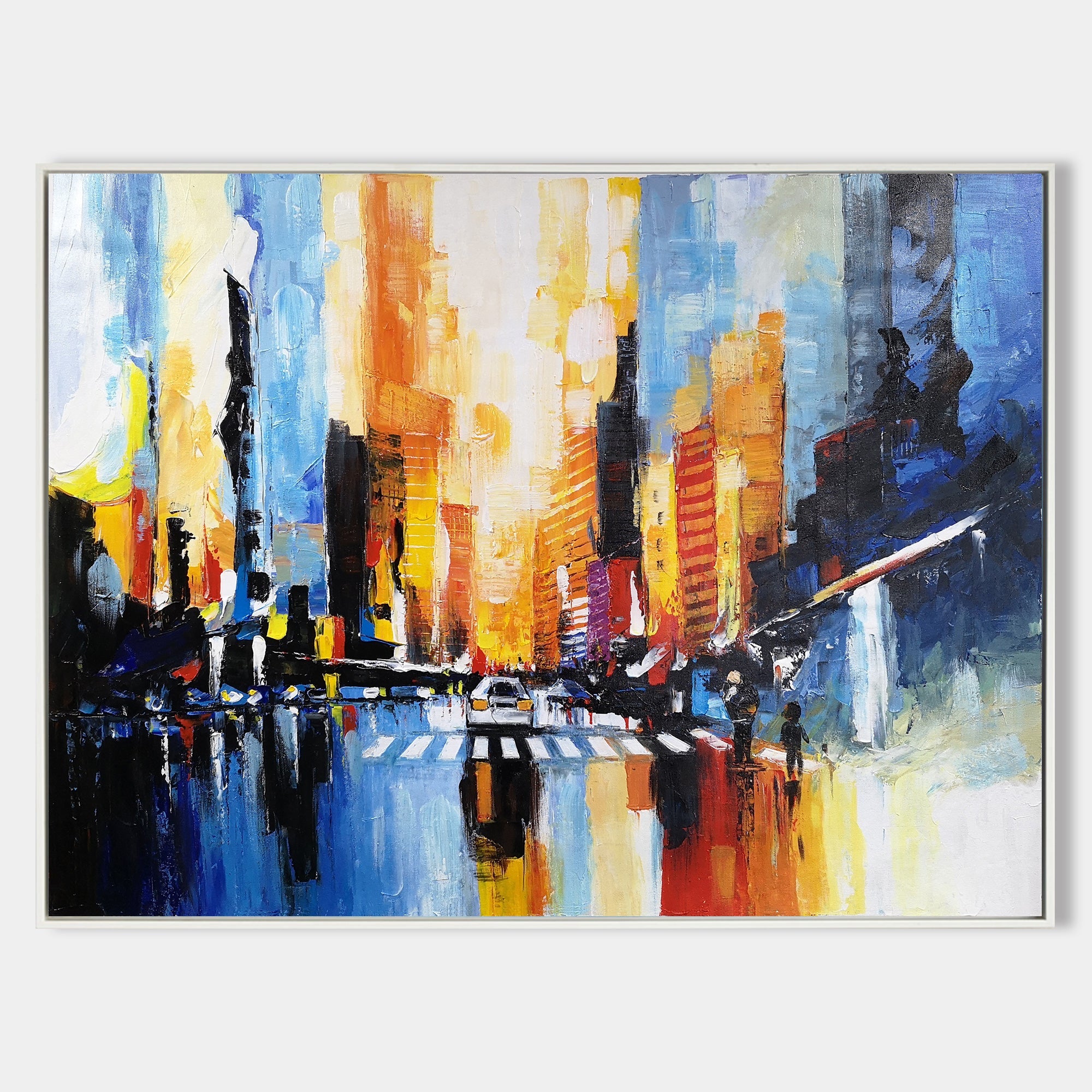 Original hand painted amber gold blue abstract city oil painting canvas wall art, modern elegant luxury urban home decor interior desig