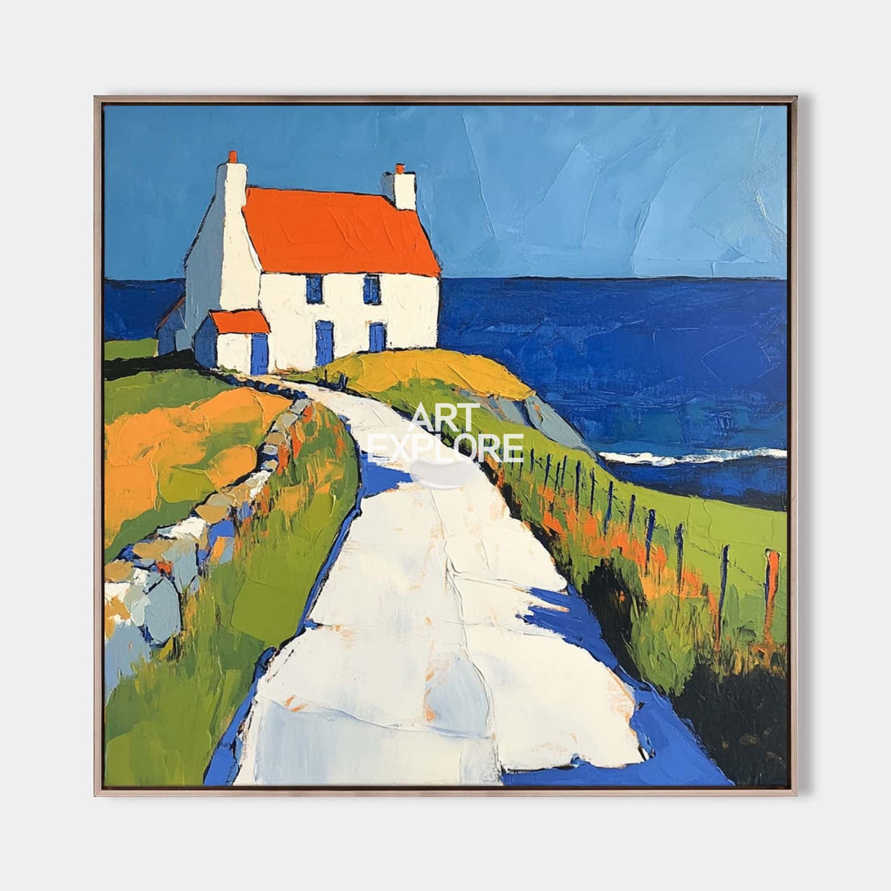 Original hand painted coastal oil painting canvas, white cottage orange roof cliffside sea path, bold blue green tones, elegant modern