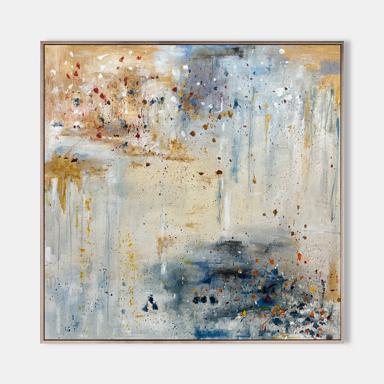 Original hand painted gold ivory blue abstract oil painting canvas wall art, paint splatter nordic scandinavian elegant luxury modern h