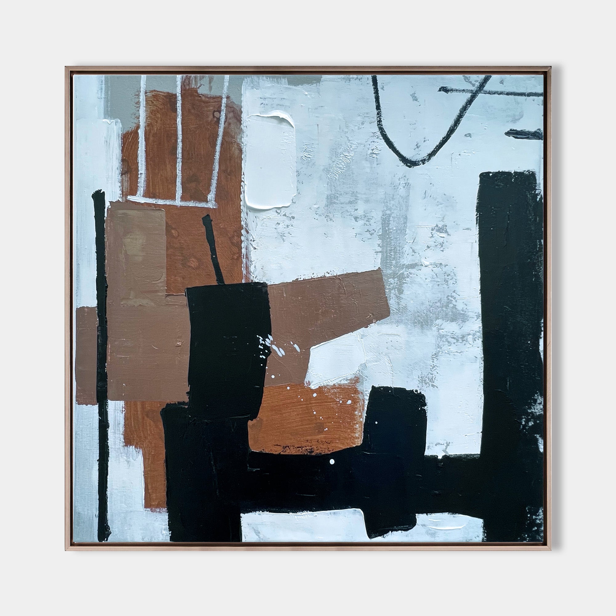 Original hand painted copper black abstract oil painting canvas wall art, bold geometric nordic scandinavian elegant luxury modern livi