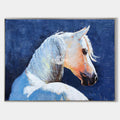 Original hand painted white horse portrait oil painting canvas, deep navy blue background, elegant luxury modern nordic scandinavian ho