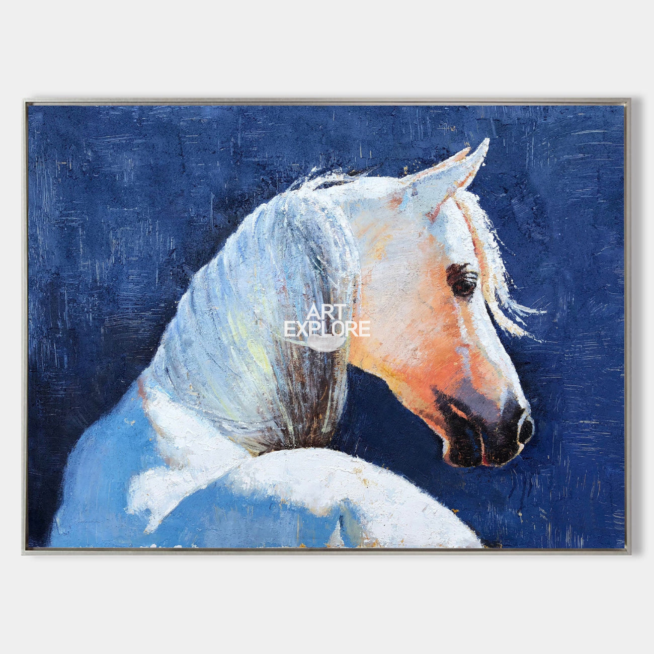 Original hand painted white horse portrait oil painting canvas, deep navy blue background, elegant luxury modern nordic scandinavian ho