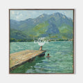 Original hand painted teal lake oil painting canvas wall art, figures on dock, mountain landscape, elegant coastal luxury modern home d