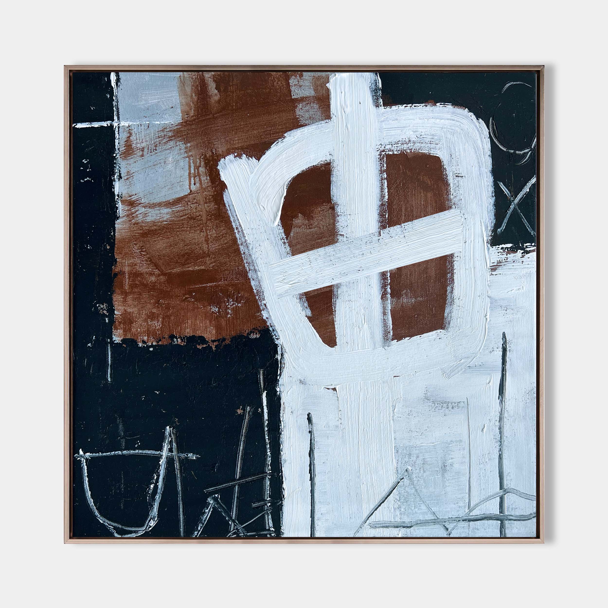 Original hand painted sienna rust black white geometric abstract oil painting canvas wall art, nordic scandinavian elegant luxury moder