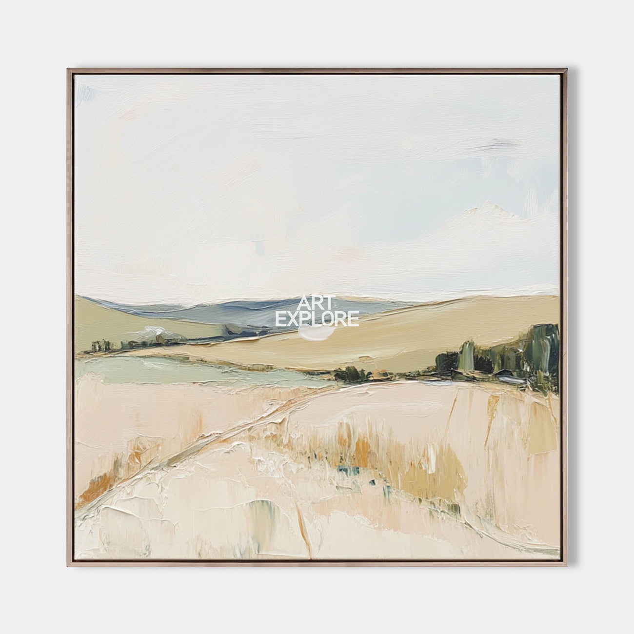 Original hand painted golden beige landscape oil painting canvas wall art, nordic scandinavian minimalist elegant luxury modern living