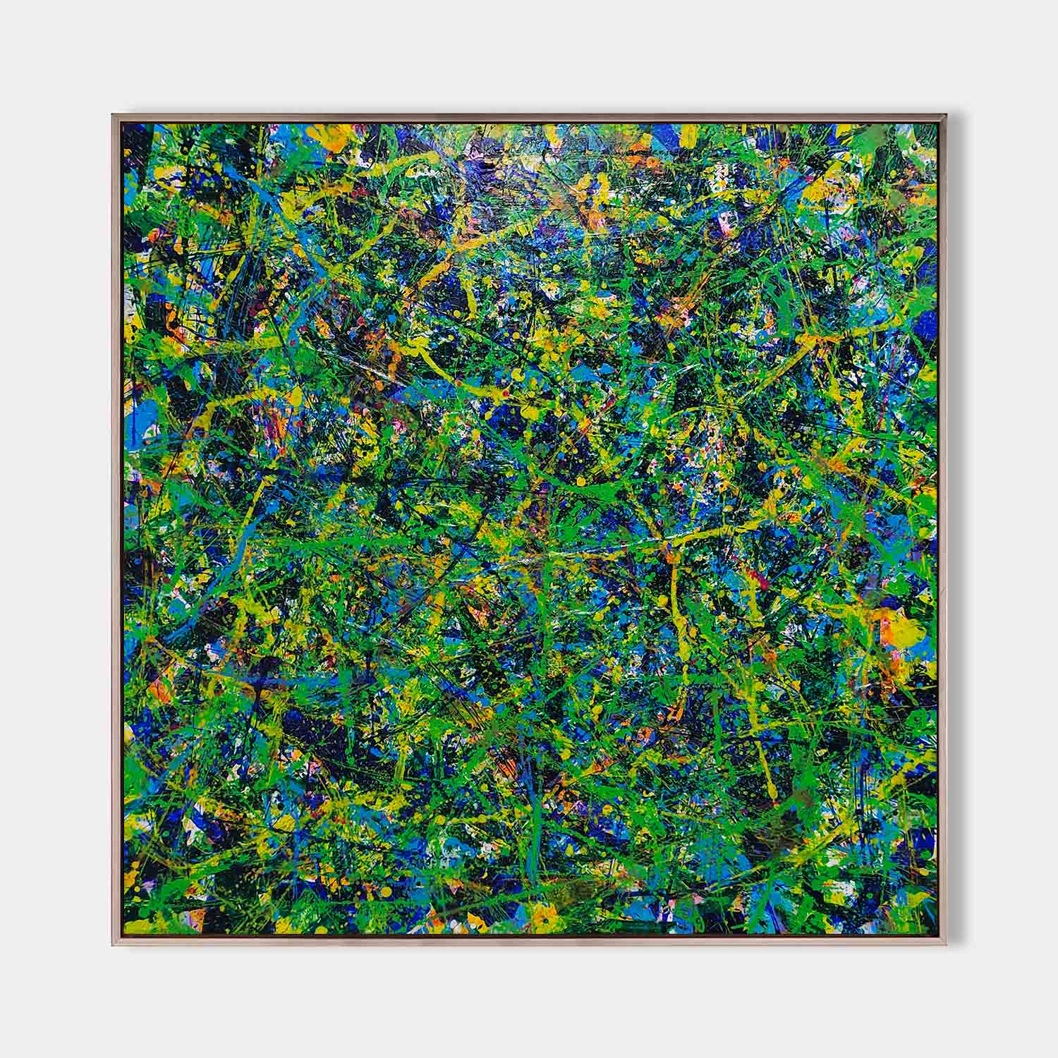 Original hand painted green blue yellow abstract oil painting canvas wall art, modern elegant luxury bold living room interior design h