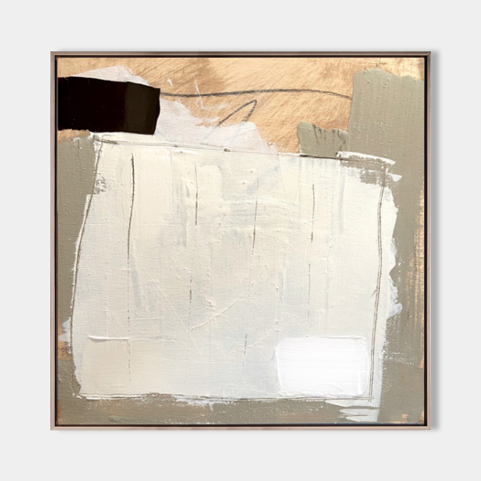 Original hand painted gold ivory sage abstract oil painting canvas wall art, nordic scandinavian minimalist elegant luxury modern livin