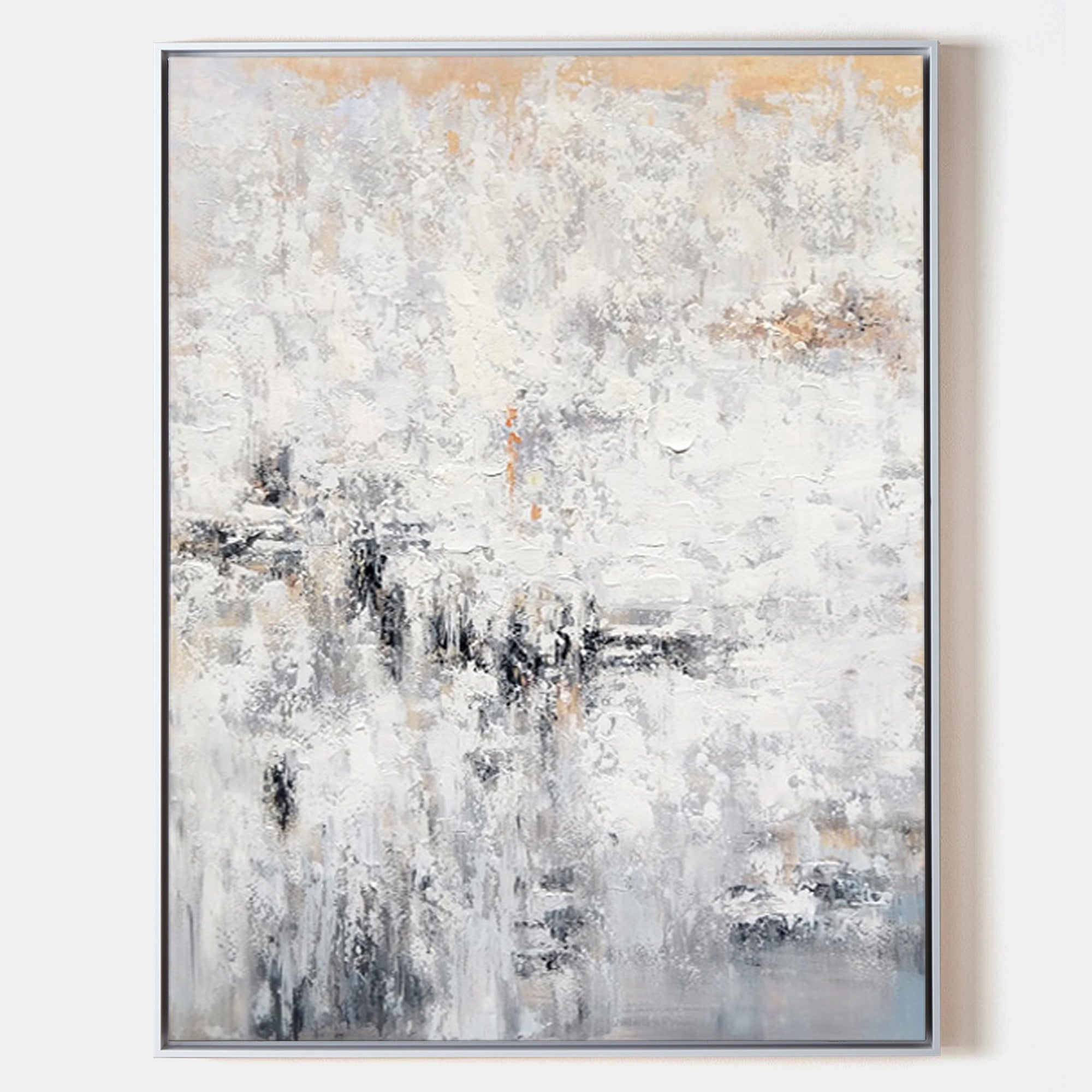 Original hand painted white grey gold textured abstract oil painting canvas wall art, nordic scandinavian minimalist elegant luxury mod