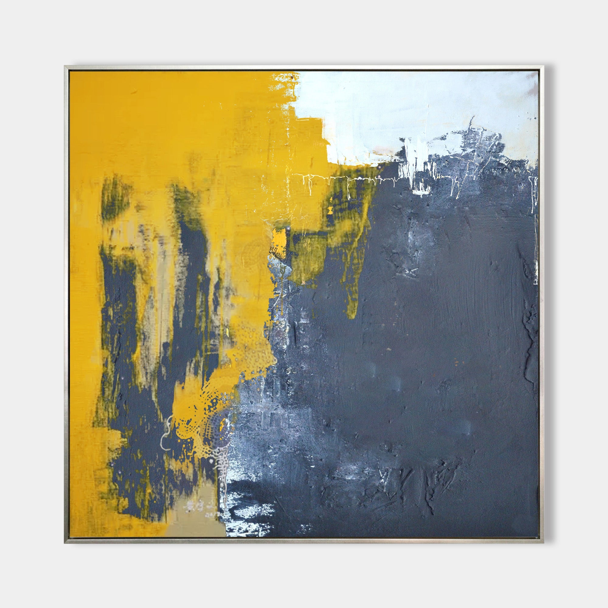 Original hand painted ochre yellow slate grey textured abstract oil painting canvas wall art, modern scandinavian elegant luxury home d