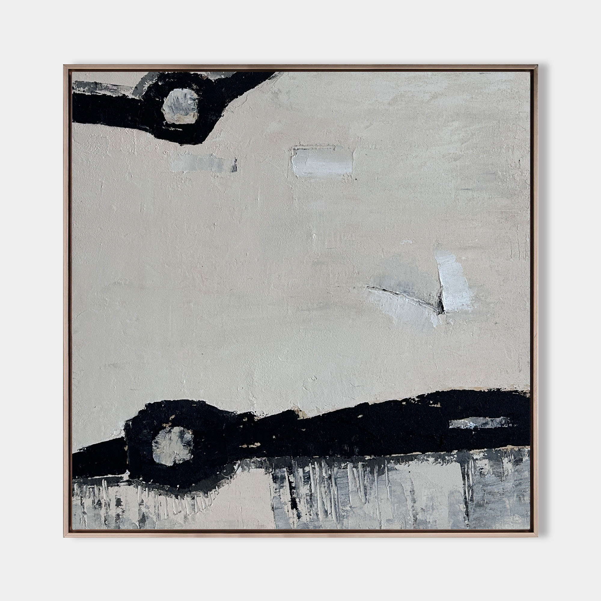 Original hand painted black ivory abstract oil painting canvas, bold geometric forms textured minimalist nordic scandinavian elegant lu