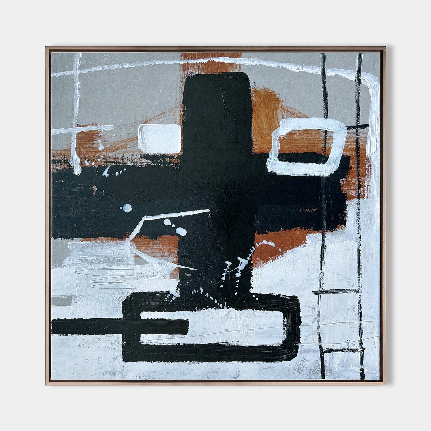 Original hand painted black sienna geometric abstract oil painting canvas wall art, nordic scandinavian elegant luxury modern living ro