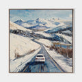 Original hand painted blue white winter mountain road oil painting canvas wall art, nordic scandinavian elegant luxury modern living ro
