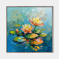 Original hand painted teal lotus water lily oil painting canvas wall art, coastal elegant luxury modern scandinavian living room home d