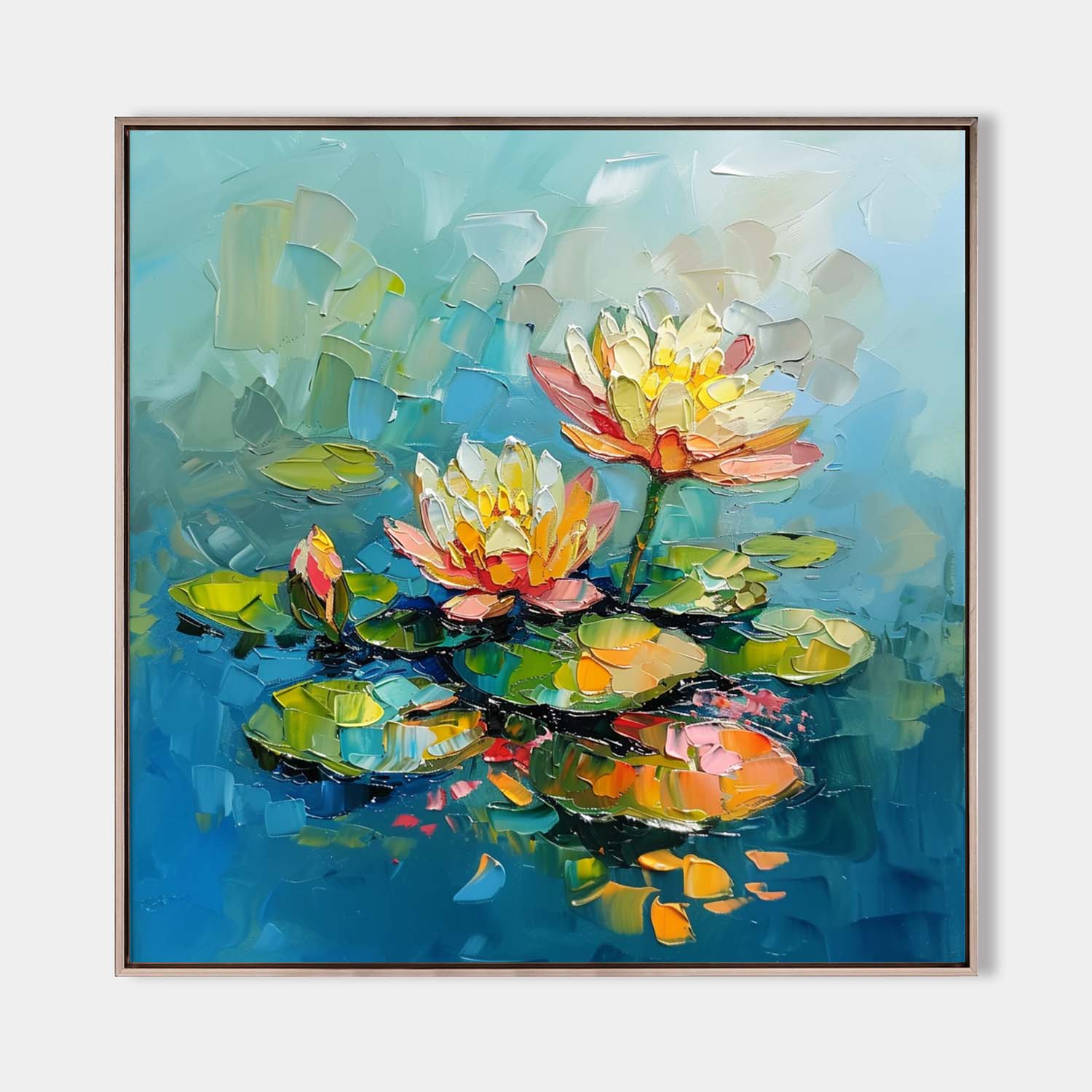 Original hand painted teal lotus water lily oil painting canvas wall art, coastal elegant luxury modern scandinavian living room home d