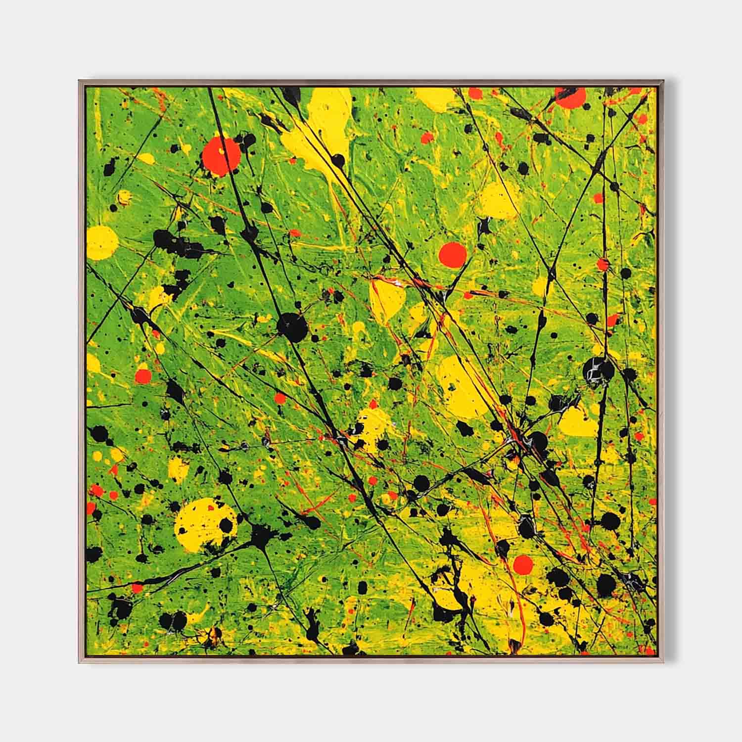 Original hand painted green yellow black splatter abstract oil painting canvas wall art, modern elegant luxury bold home decor interior