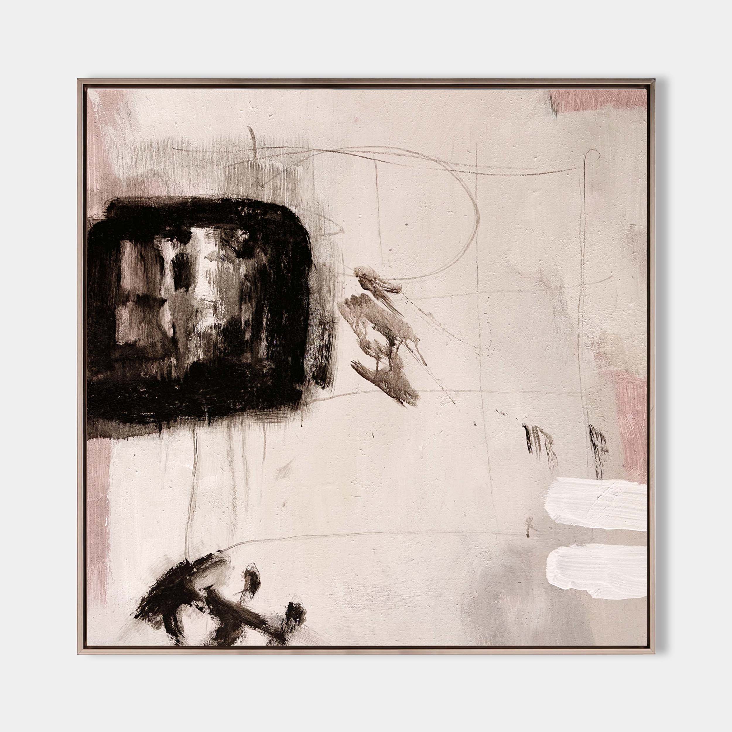 Original hand painted blush ivory black gestural abstract oil painting canvas wall art, nordic scandinavian elegant luxury modern livin