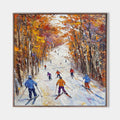 Original hand painted oil painting canvas wall art, skiers on snowy slope with orange autumn forest, vibrant luxury modern alpine home