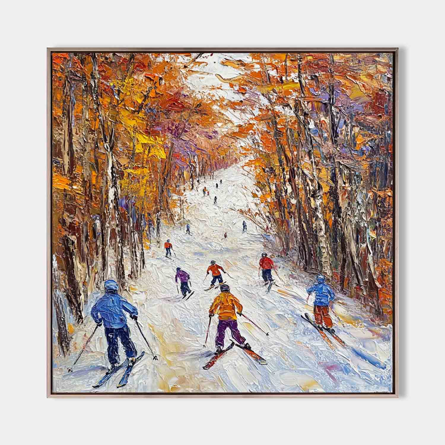 Original hand painted oil painting canvas wall art, skiers on snowy slope with orange autumn forest, vibrant luxury modern alpine home