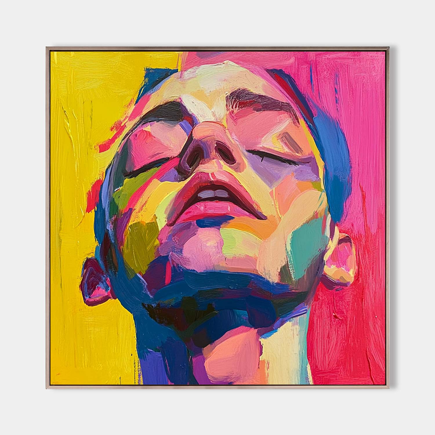 Original hand painted abstract face oil painting vivid magenta yellow cobalt canvas wall art modern luxury elegant home decor interior