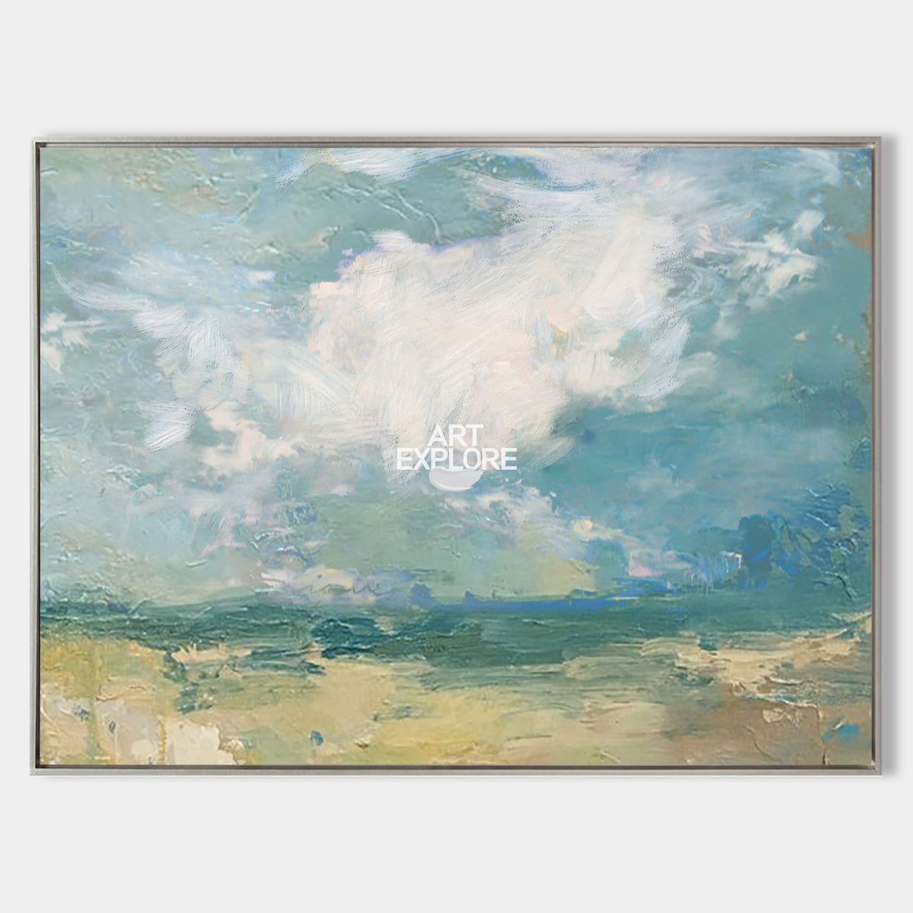 Original hand painted teal blue coastal abstract oil painting canvas wall art, nordic scandinavian elegant luxury modern living room ho