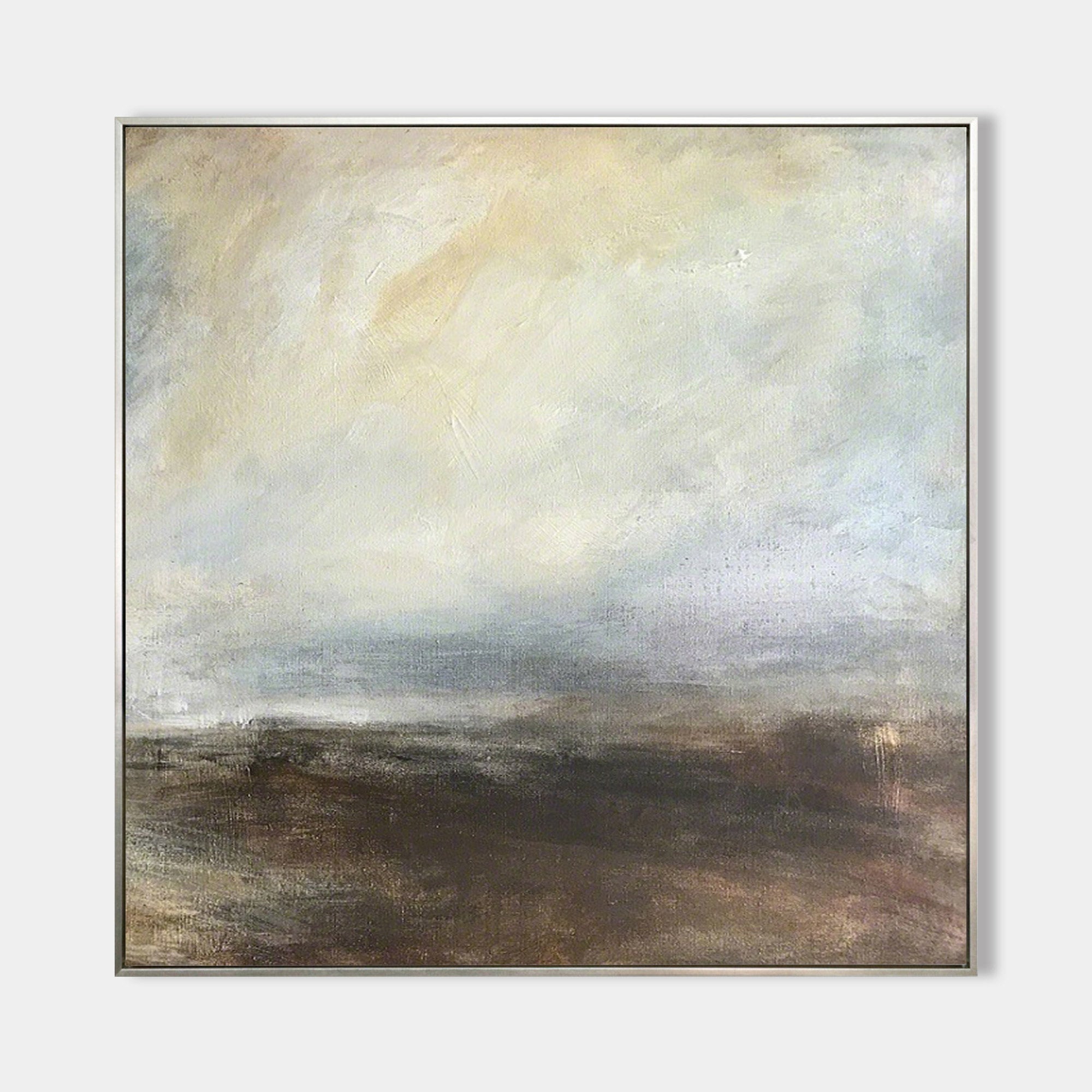 Original hand painted misty atmospheric landscape oil painting canvas, ivory grey brown tones, nordic scandinavian minimalist elegant l