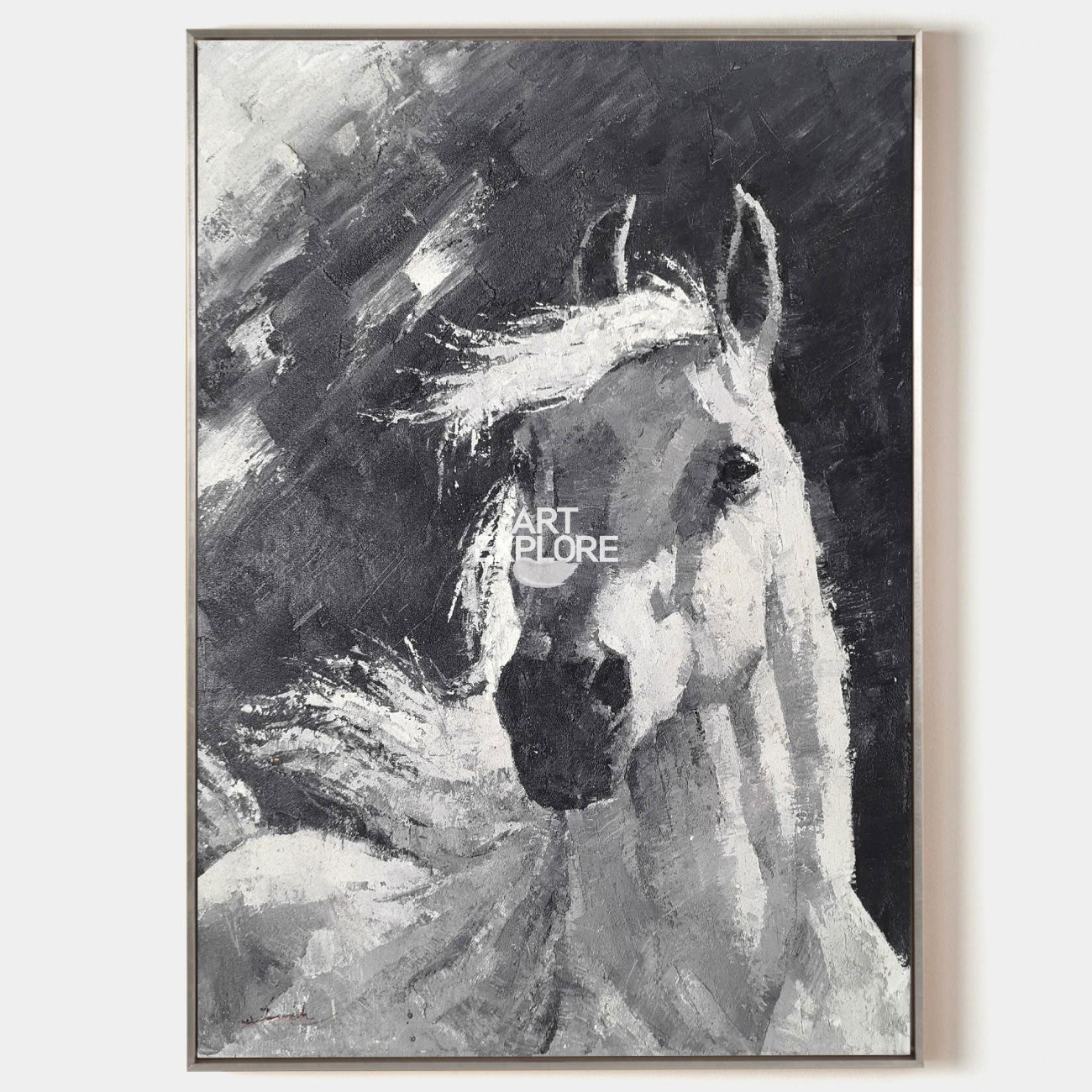 Original hand painted monochrome white horse abstract oil painting canvas wall art, nordic scandinavian elegant luxury modern living ro