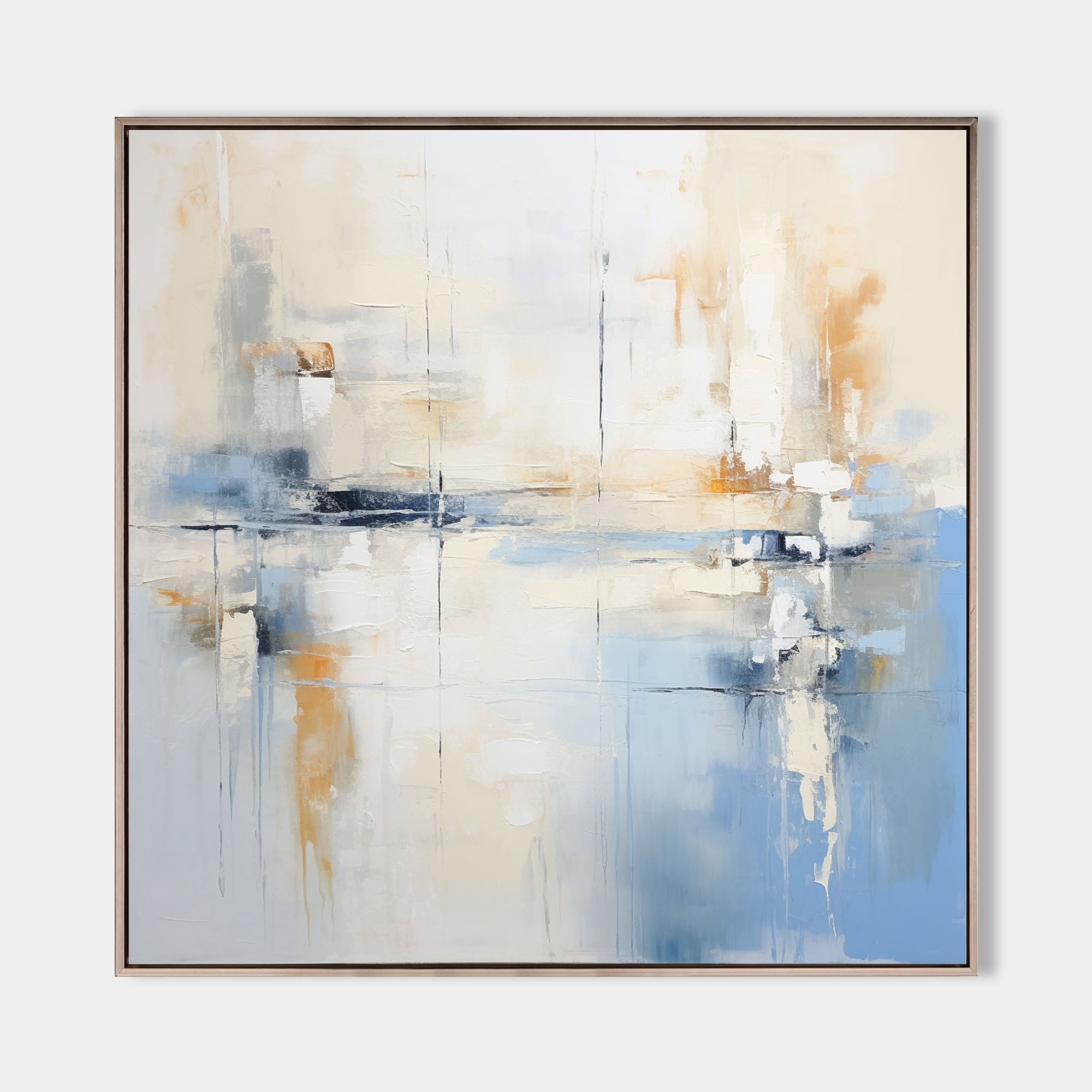 Original hand painted blue ivory abstract coastal oil painting canvas wall art, nordic scandinavian minimalist elegant luxury modern li