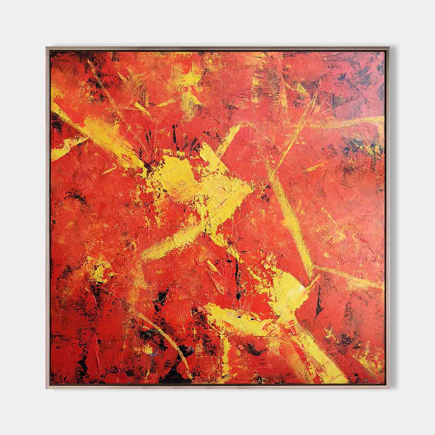 Original hand painted crimson red gold abstract oil painting canvas wall art, bold textured modern elegant luxury living room interior