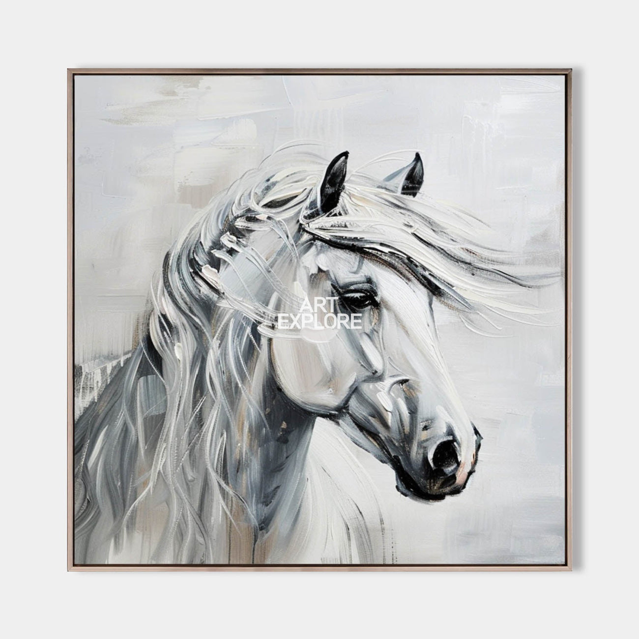 Original hand painted monochrome white horse abstract oil painting canvas wall art, nordic scandinavian elegant luxury modern living ro