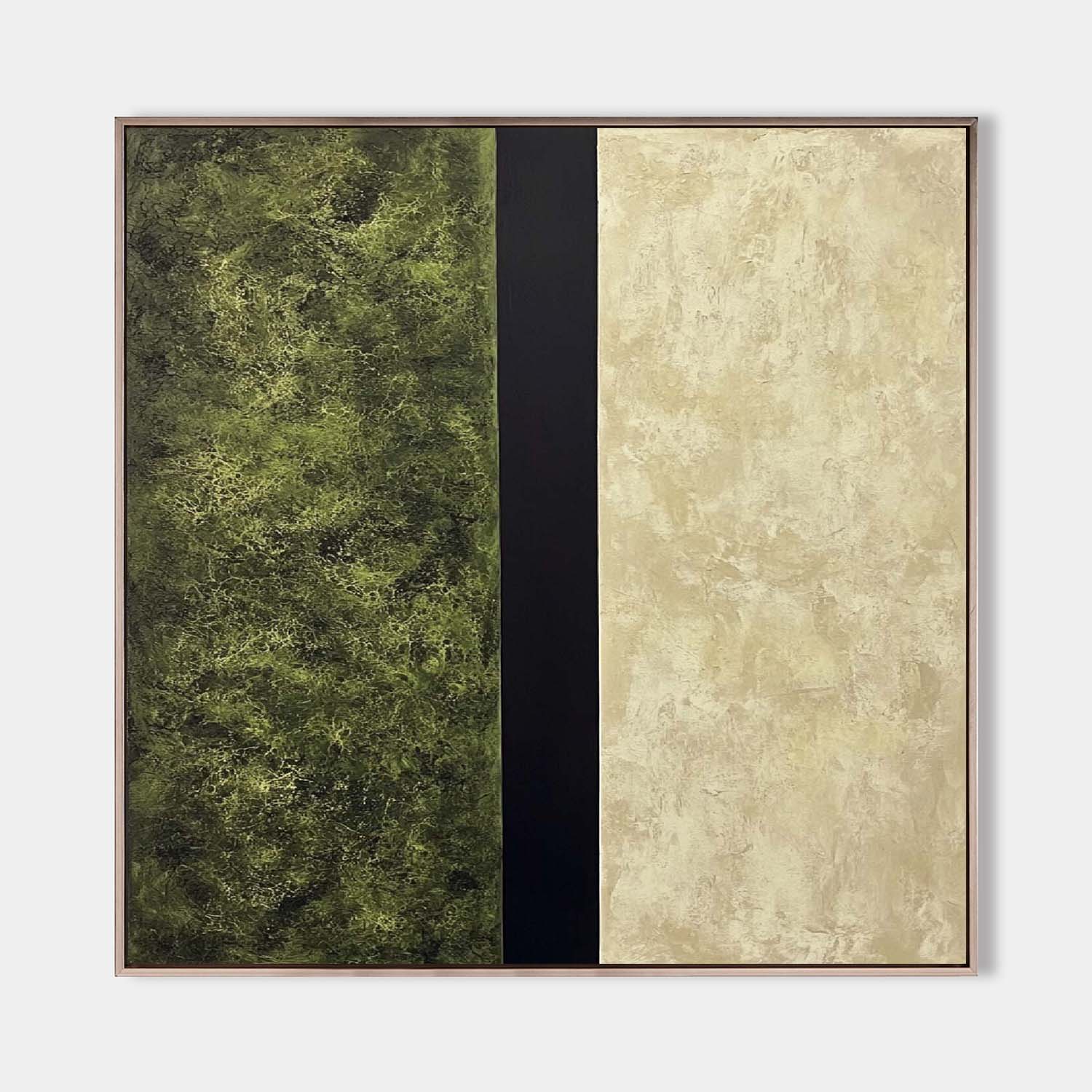 Original hand painted olive green beige black geometric abstract oil painting canvas wall art, nordic scandinavian minimalist elegant l