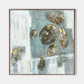 Original hand painted teal abstract oil painting canvas, gold leaf organic stone shapes, coastal nordic scandinavian elegant luxury mod