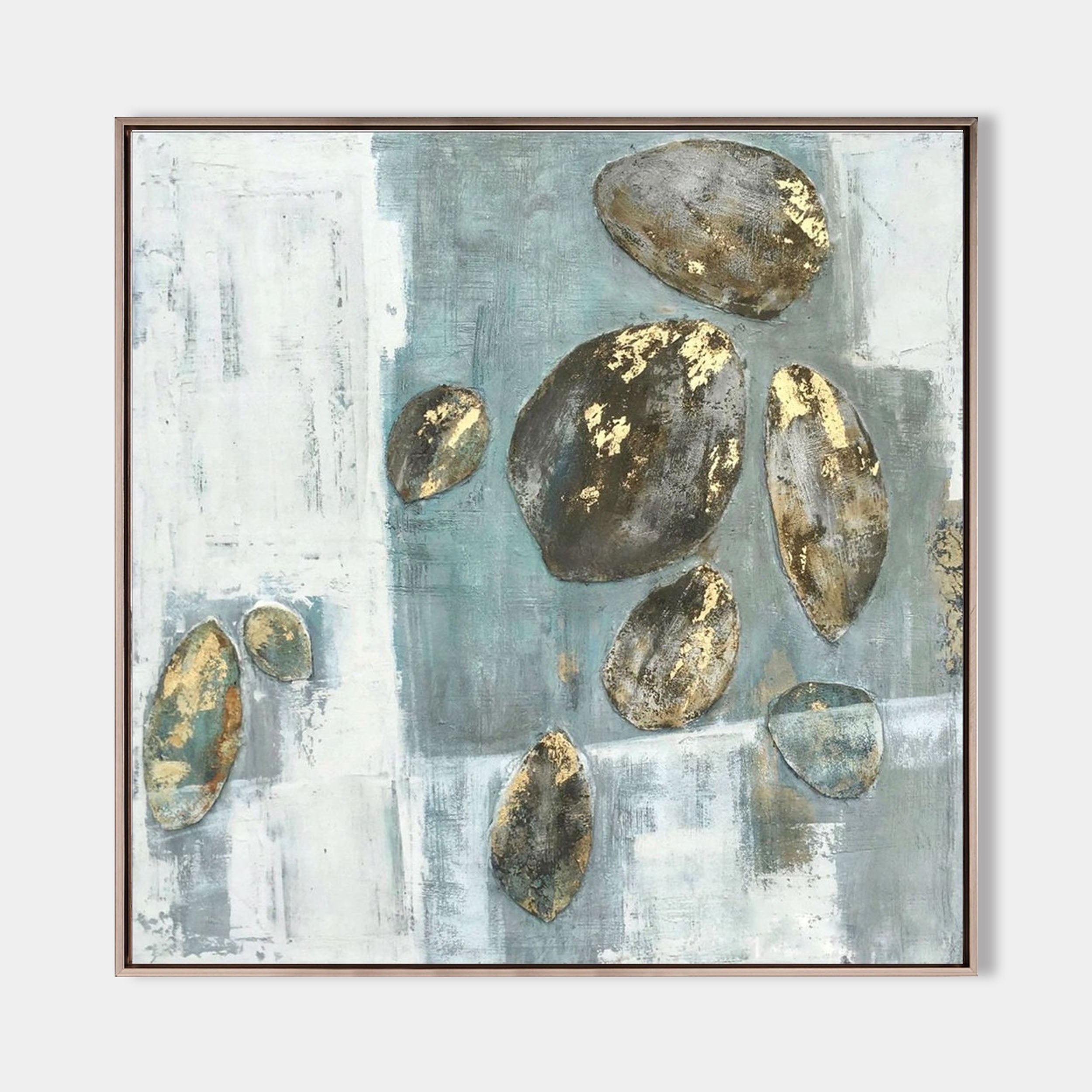 Original hand painted teal abstract oil painting canvas, gold leaf organic stone shapes, coastal nordic scandinavian elegant luxury mod