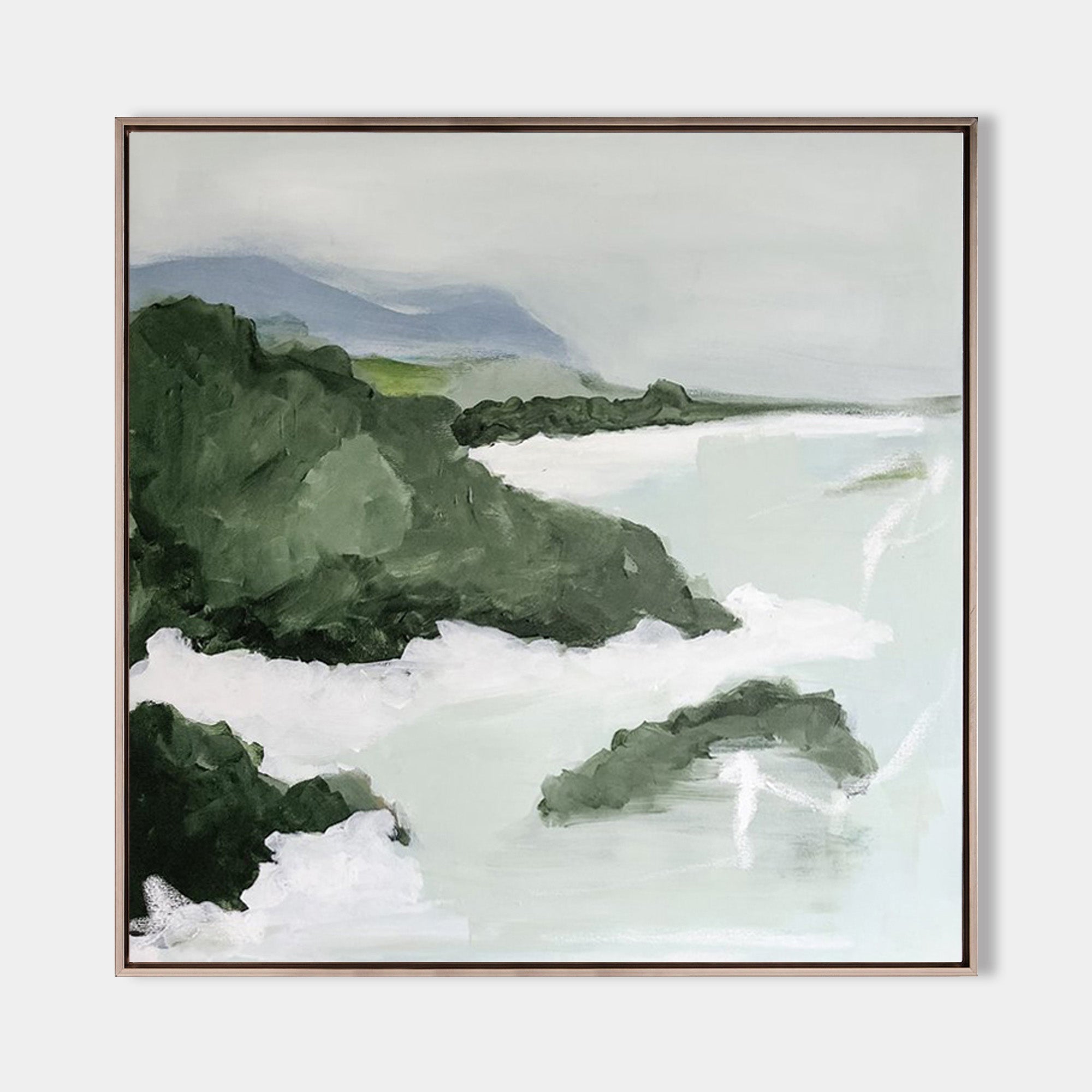 Original hand painted green coastal abstract oil painting canvas wall art, nordic scandinavian elegant luxury modern living room interi