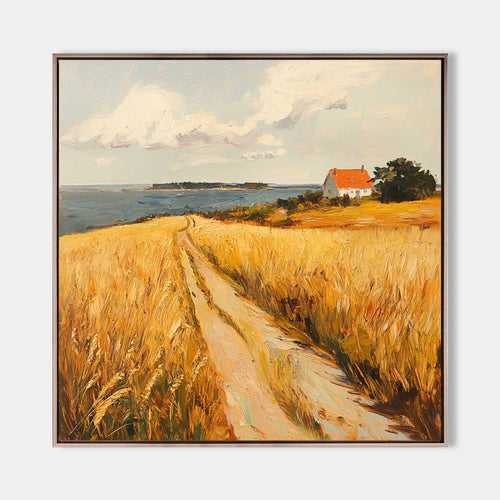 Original hand painted golden coastal wheat field oil painting canvas wall art, nordic scandinavian elegant luxury modern living room ho