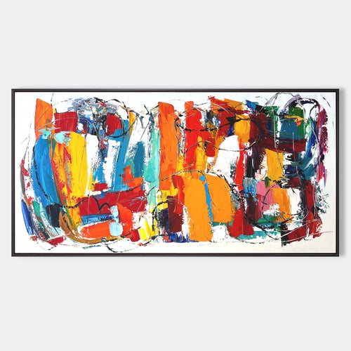 Original hand painted bold abstract oil painting canvas wall art, vibrant orange red blue yellow modern elegant luxury living room home