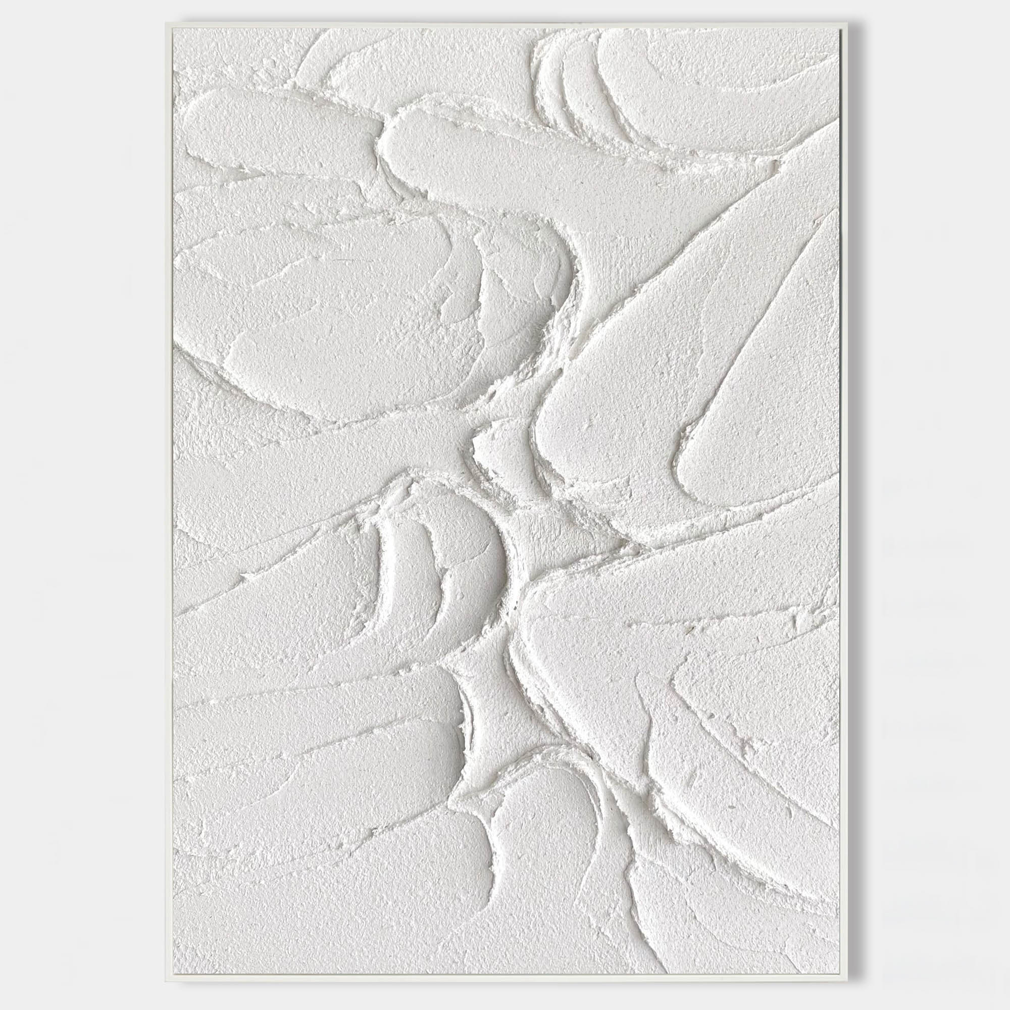 Original hand painted white textured abstract oil painting canvas wall art, sculptural swirling relief, nordic scandinavian minimalist