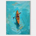 Original hand painted teal abstract oil painting canvas, orange kayak aerial view, coastal minimalist elegant luxury modern nordic scan