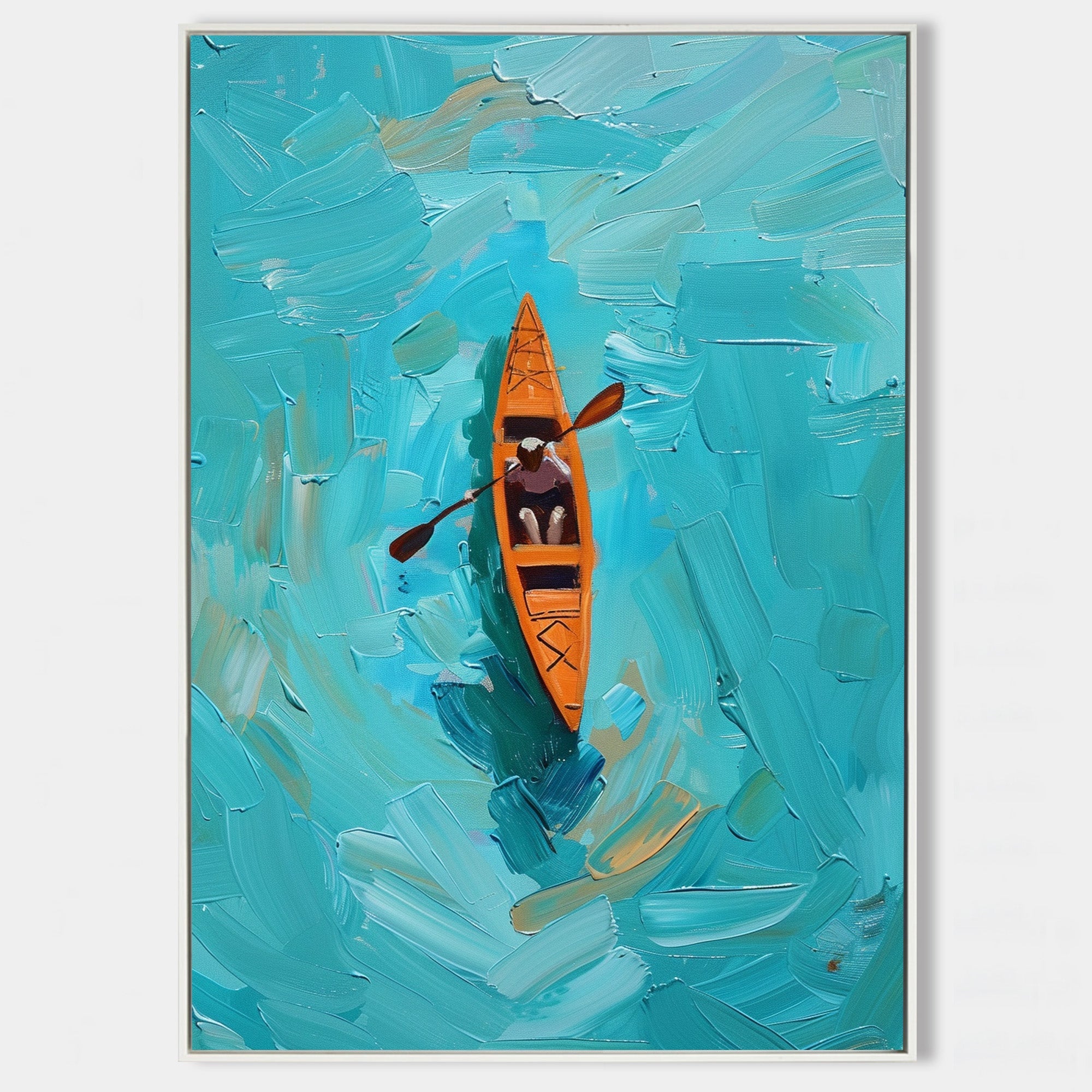 Original hand painted teal abstract oil painting canvas, orange kayak aerial view, coastal minimalist elegant luxury modern nordic scan