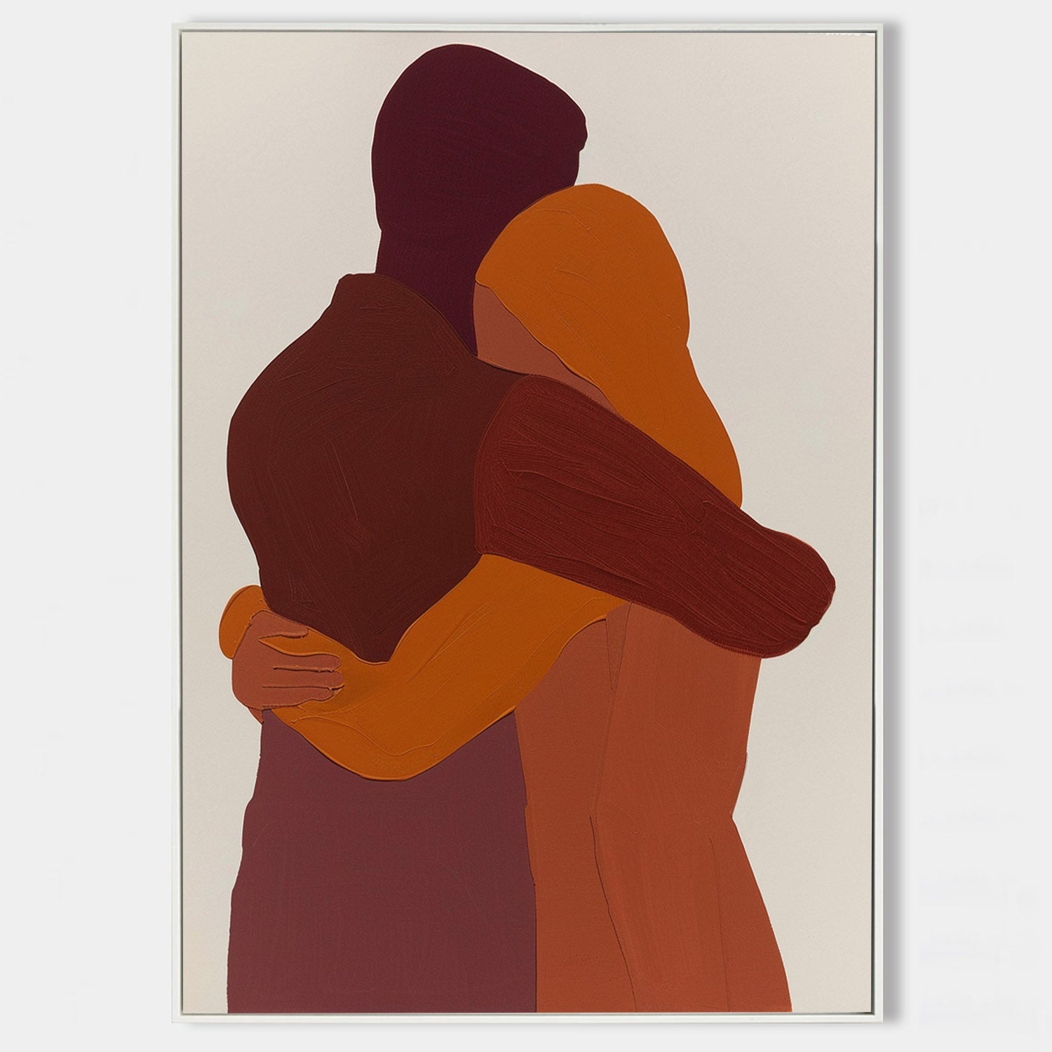 Original hand painted burgundy burnt orange abstract figures embracing oil painting canvas, nordic scandinavian minimalist elegant luxu
