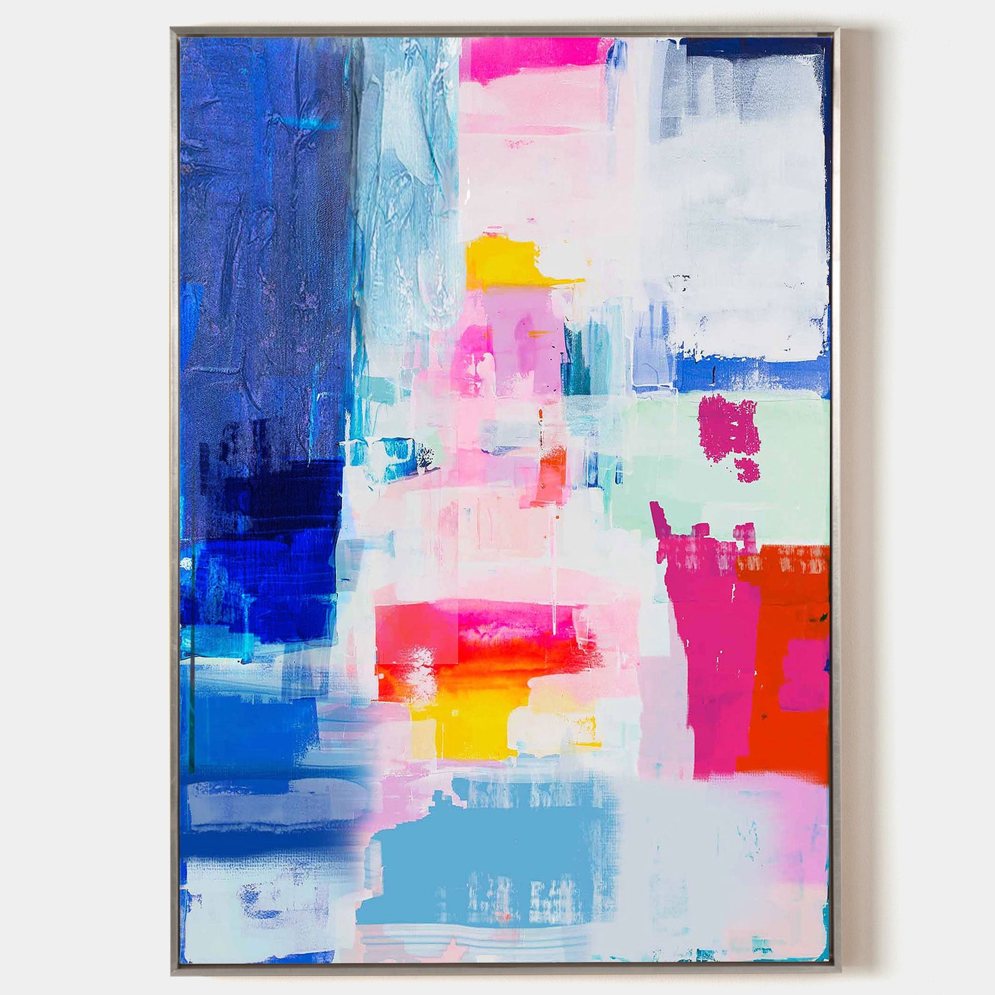 Original hand painted cobalt blue pink coral abstract oil painting canvas wall art, modern elegant luxury scandinavian bold colorful ho