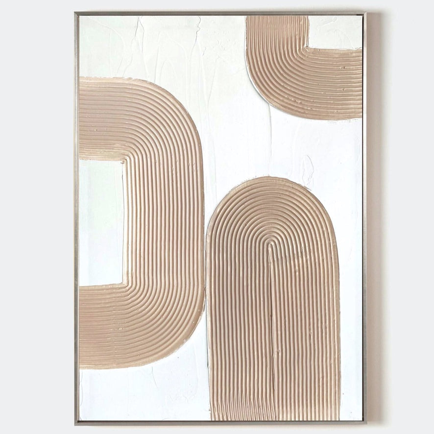 Original hand painted beige concentric arch geometric oil painting canvas wall art, nordic scandinavian minimalist elegant luxury moder