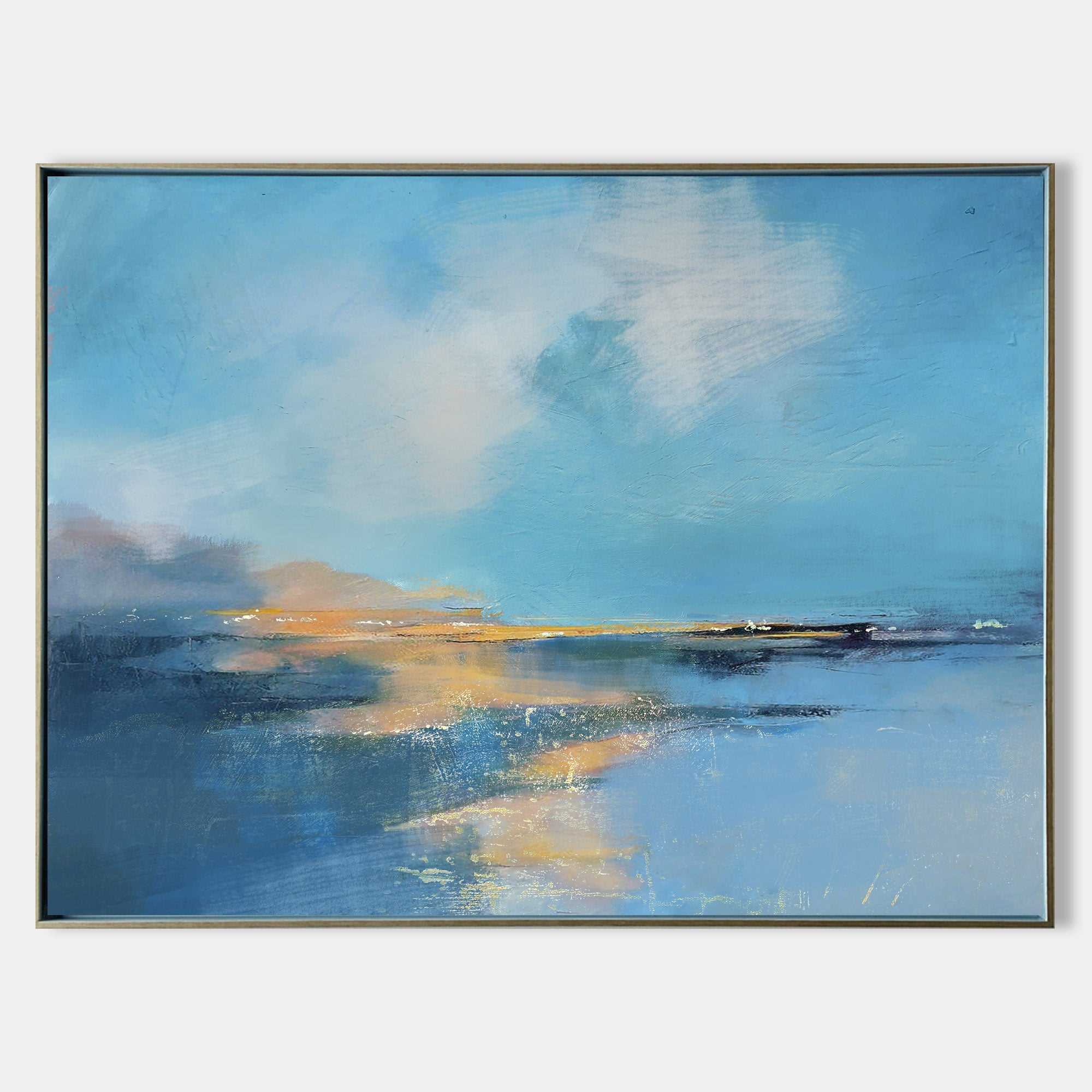 Original hand painted blue gold abstract coastal oil painting canvas wall art, nordic scandinavian elegant luxury modern living room ho