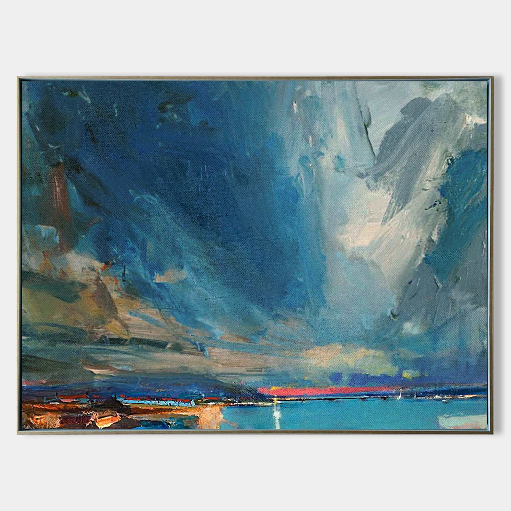 Original hand painted stormy coastal oil painting, deep blue teal clouds sunset horizon canvas wall art modern nordic elegant luxury ho