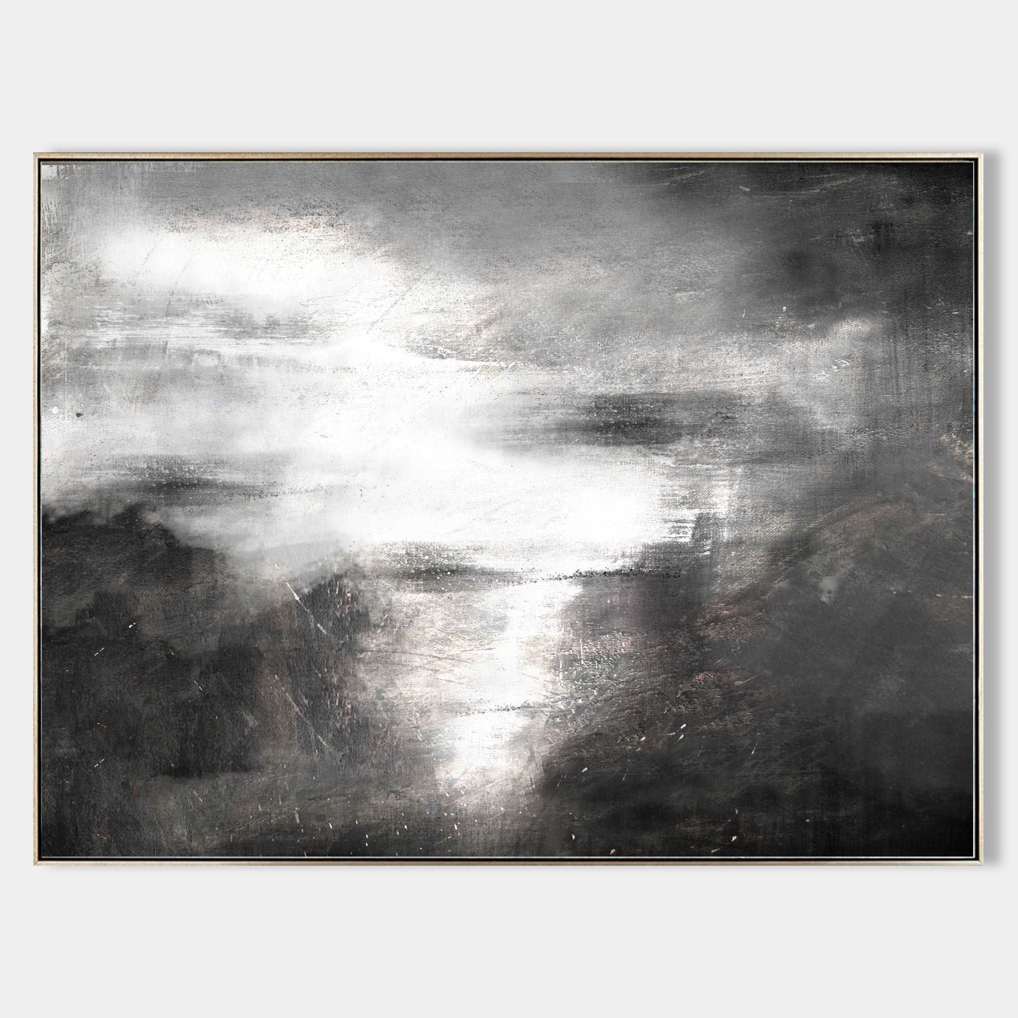 Original hand painted black grey silver abstract coastal landscape oil painting canvas wall art, nordic scandinavian elegant luxury mod