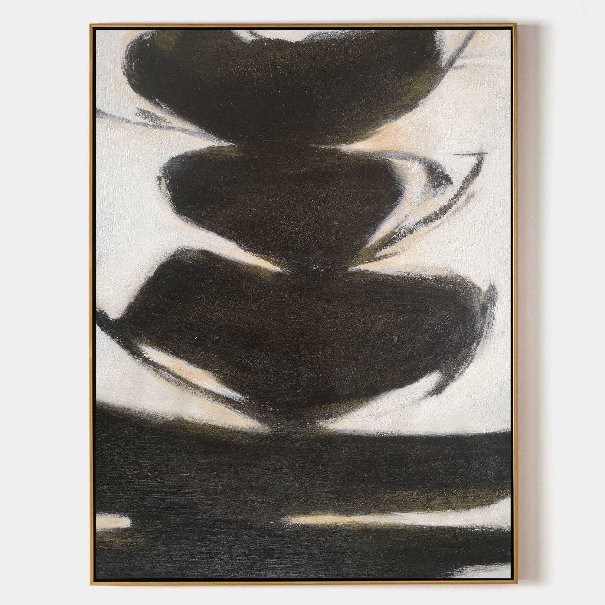 Original hand painted black ivory abstract oil painting canvas wall art, bold organic shapes nordic scandinavian minimalist elegant lux